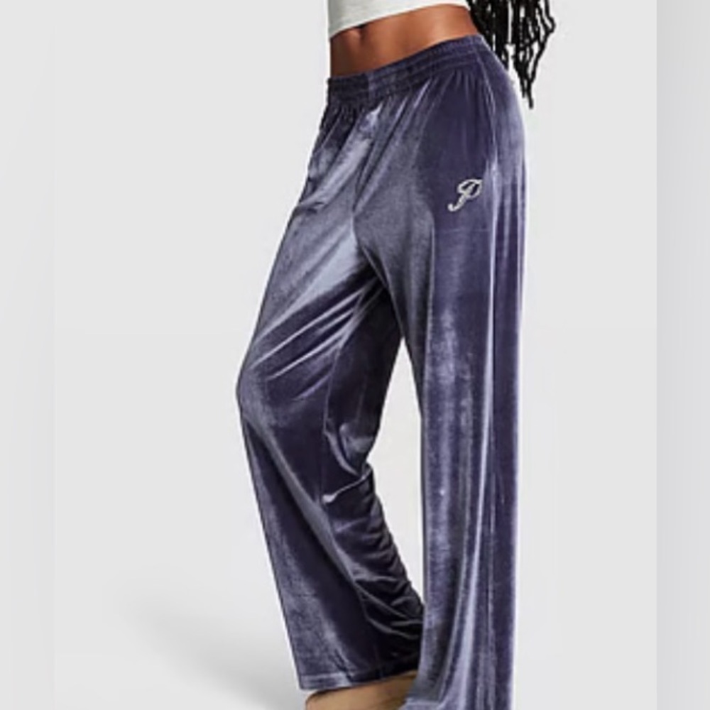 New Victoria's Secret Pink Pants Women's 2XL Wide Leg Blue Velour Shine Logo